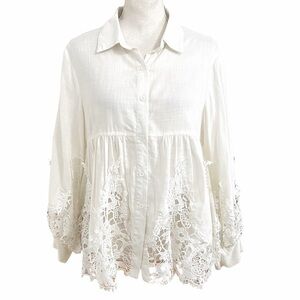 MIHO CREAM BUTTON FRONT EMBROIDERED PUFFY BOHEMIAN TUNIC BLOUSE